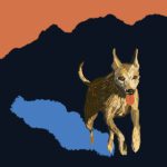 Image for DesignerMim Portfolio: digital illustration of dog running happily on mountain, dog is in a painterly style, with shadow, mountain and sky in bold blocks of colour