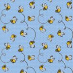 kids bee pattern, bees with smiling faces zooming around on pale blue honeycomb background