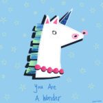 DesignerMim's 'you are a wonder' illustration of quirky-looking unicorn wearing a pink pearl necklace on a light blue background with pale yellow stars