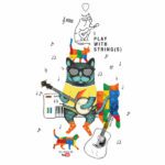 Image for DesignerMim Portfolio: quirky funny & colourful illustration montage collage illustration of a cat with sunglasses playing a banjo, with lego cat silhouettes