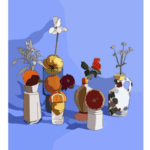 Digital illustration by DesignerMim. Several different flowers and prices of fruit in an eclectic array of vases. On a lilac/periwinkle background.